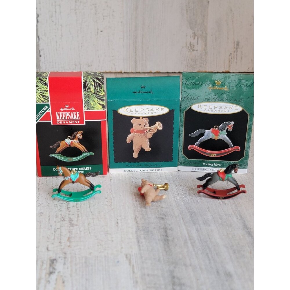 Hallmark miniature rocking horse teddy bear variety ornament Xmas set